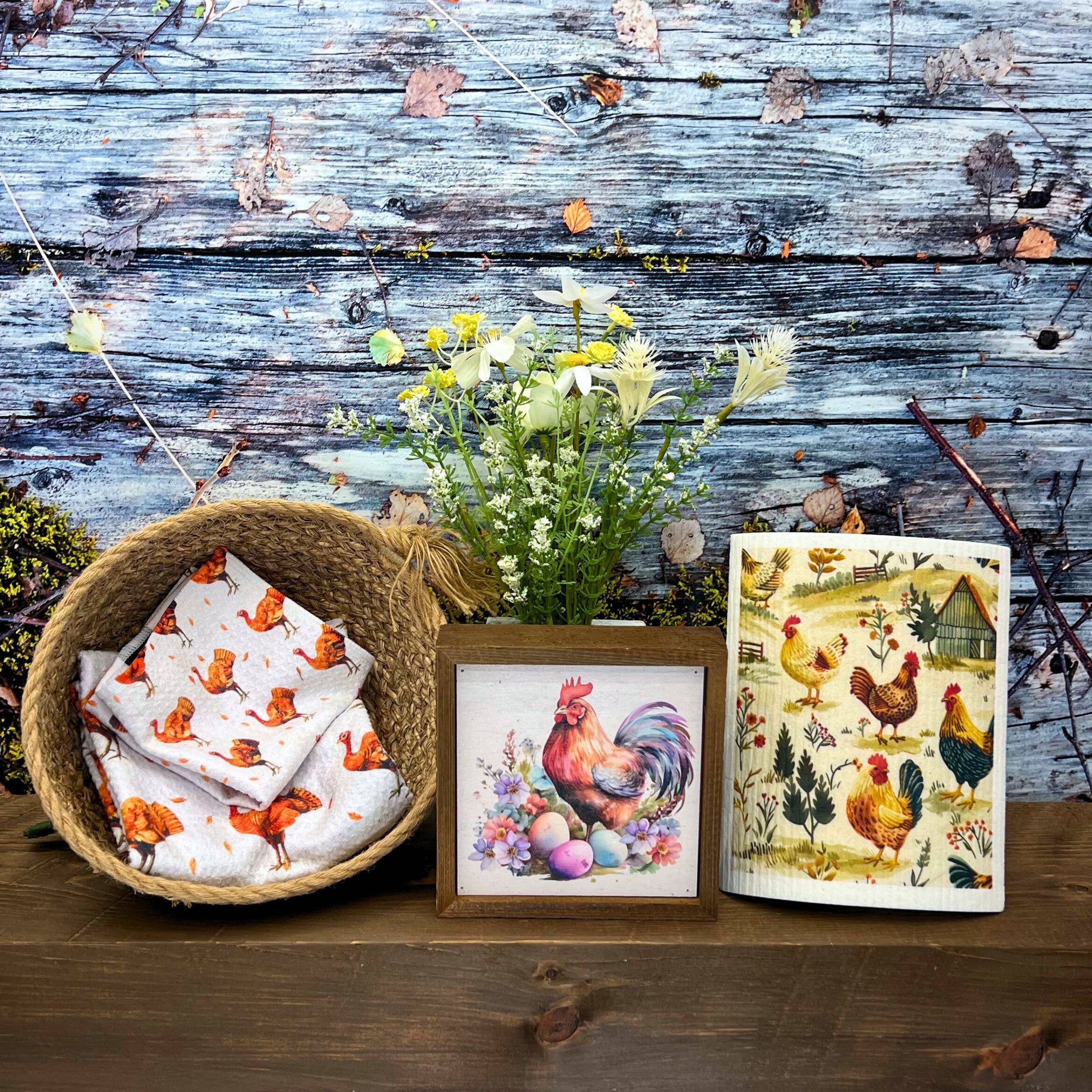 Driftless Studios - Wholesale Dishcloth - Roosters on The Farm Swedish Dishcloths- Rooster Kitchen1