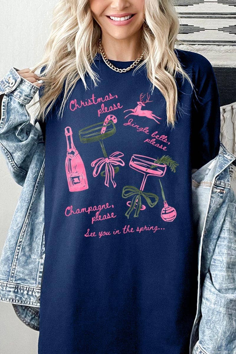 COLORBEAR – T-shirt gráfica - Mulher por atacado – T-shirt de Algodão Pesado com Gráfico de Champanhe de Natal7