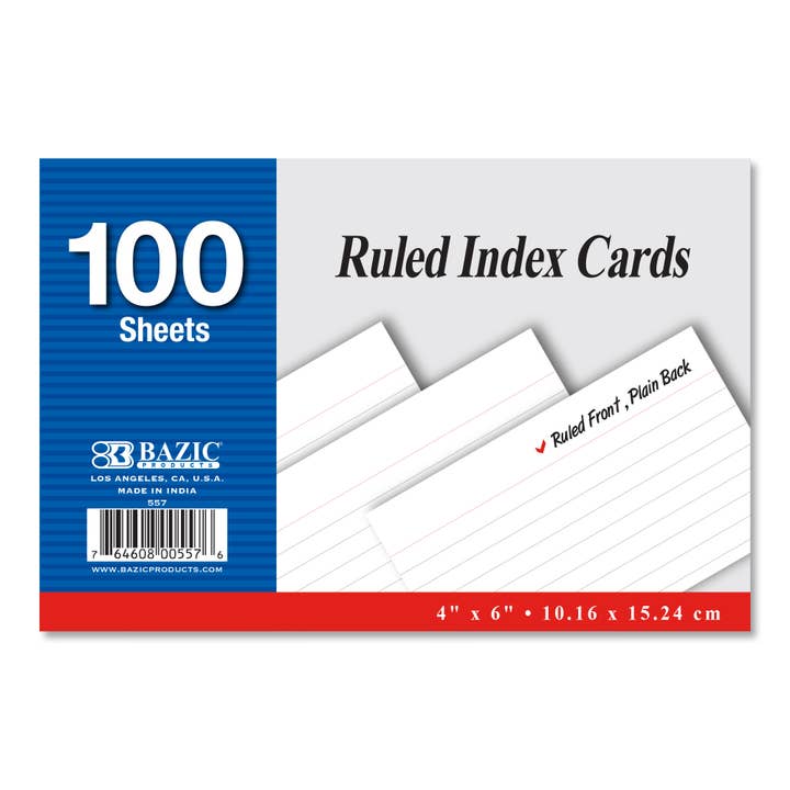 BAZIC Products - Wholesale Notepad - Ruled White Index Card 4" X 6" 100 Ct.