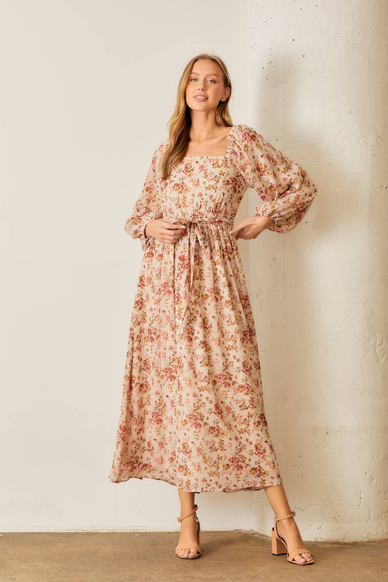 CREAM MULTI FLORAL PRINT SQUARE NECK MAXI DRESS for wholesale on Faire1