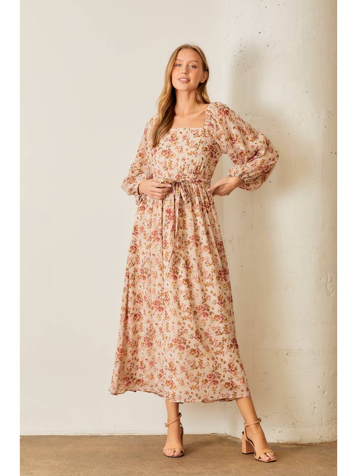 CREAM MULTI FLORAL PRINT SQUARE NECK MAXI DRESS for wholesale on Faire1