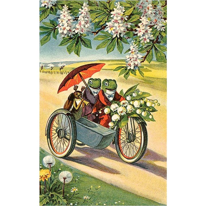 Postkort CY-52 To Frøer på Motorcykel med Paraply og Flo for engroshandel hos Found Image Press