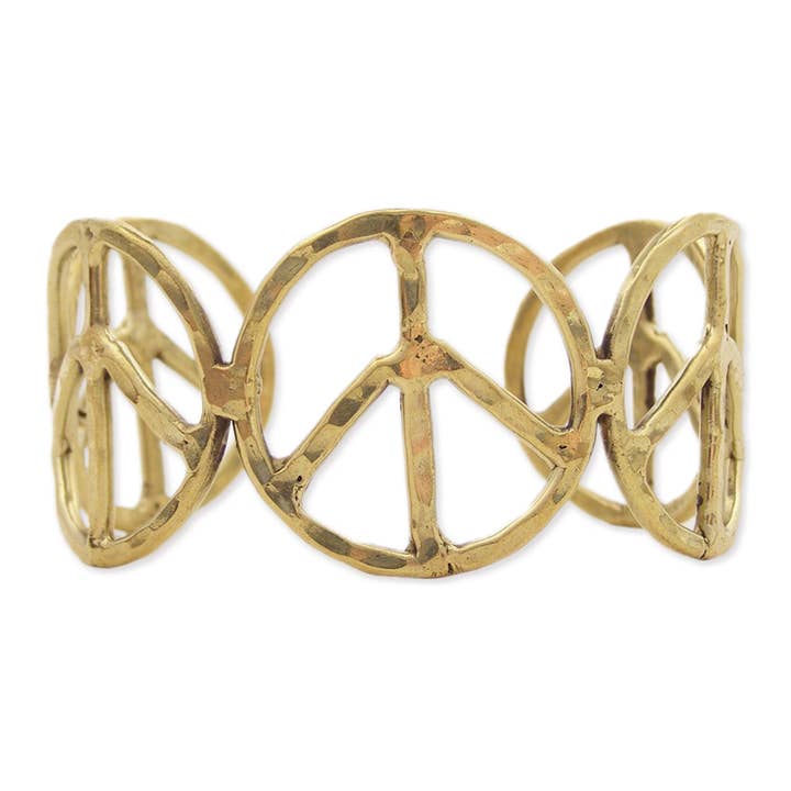 ZAD - Wholesale Cuff Bracelet - Woodstock Vibes Gold Metal Peace Sign Bracelet