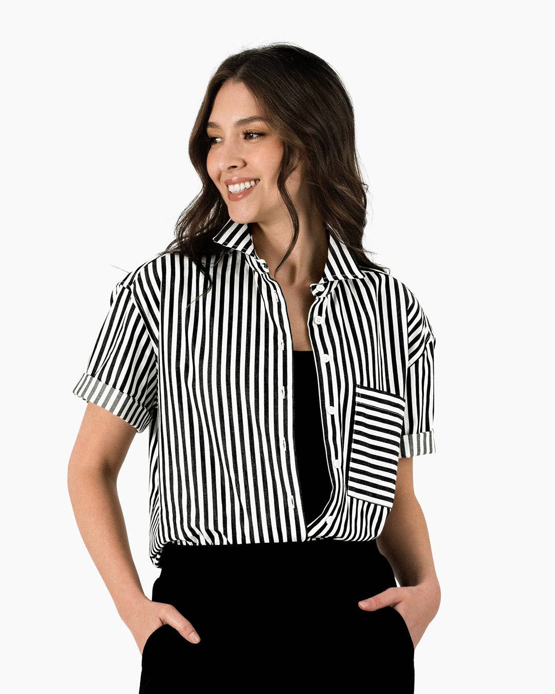 Lacson Ravello - Wholesale Button Down Shirt - Women's - Bernadette Camp Shirt - Black and White Stripe