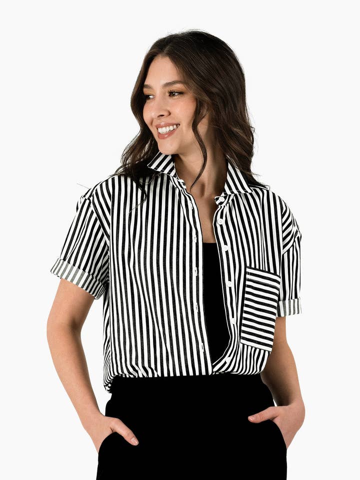 Lacson Ravello - Wholesale Button Down Shirt - Women's - Bernadette Camp Shirt - Black and White Stripe0