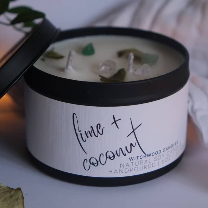Lime and Coconut scented soy candle, matte black tin for wholesale by Witchwood Candles