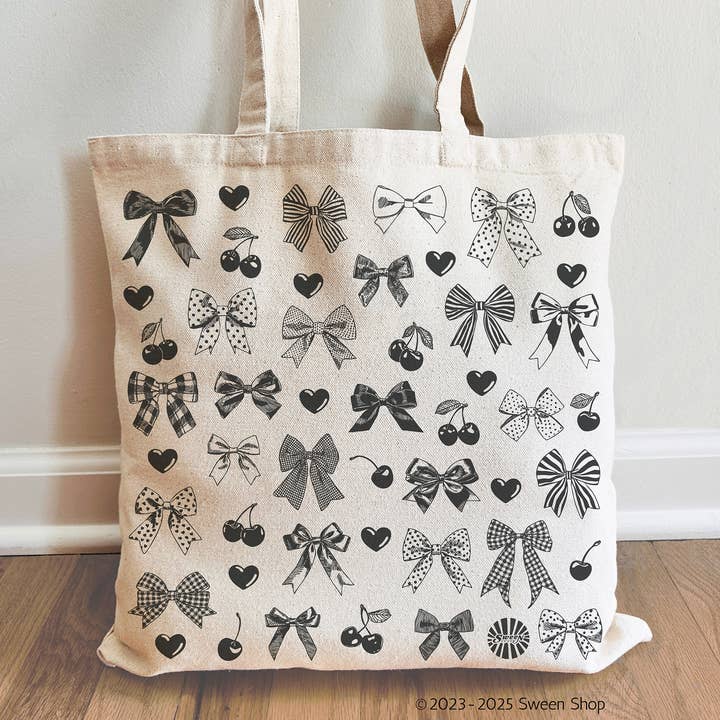 Sween Shop - Wholesale Tote Bag - Women's - Cherry Heart & Bow Coquette Canvas Tote Bag Gift0