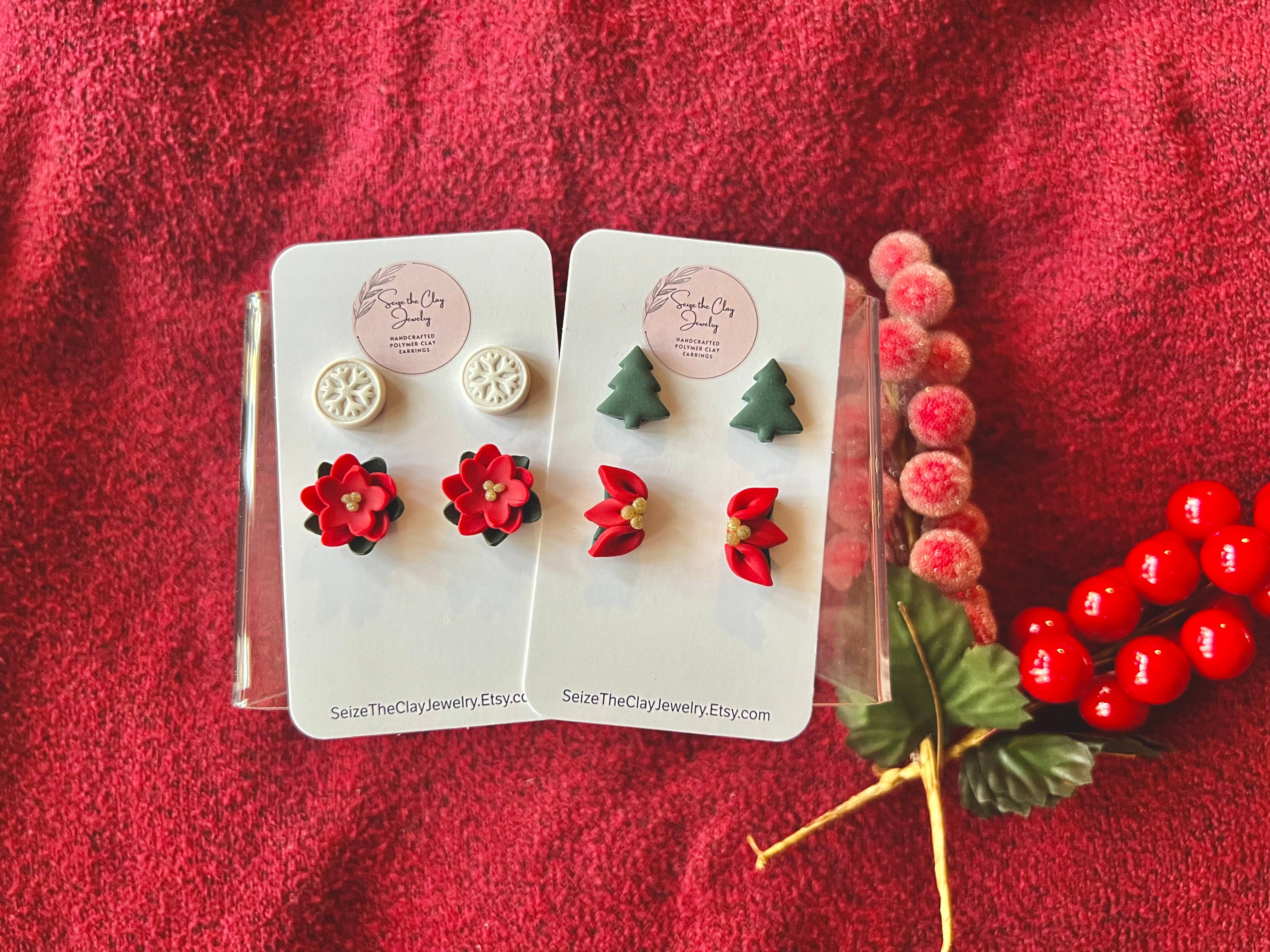 SeizeTheClayJewelry - Venta al por mayor Pendientes de botón/aretes de poste - Pendientes de flor de pascua, paquetes de pendientes navideños3