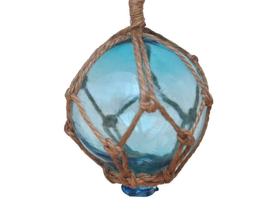 Hampton Nautical - Wholesale Ornament - Light Blue Japanese Glass Ball Fishing Float With Brown Netting Decoration 3"3