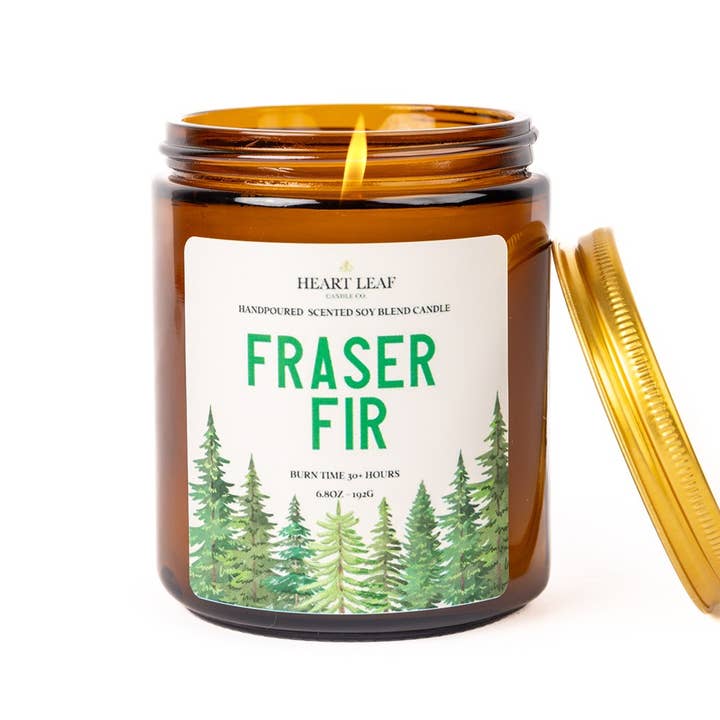 Fraser Fir - 6.8oz Amber Glass Candle for wholesale by Heart Leaf Candle Co.