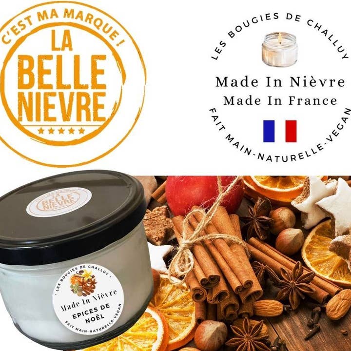 CANDELA «SPEZIE NATALIZIE» PRODOTTA A NIÈVRE per la vendita all'ingrosso da parte di LES BOUGIES DE CHALLUY