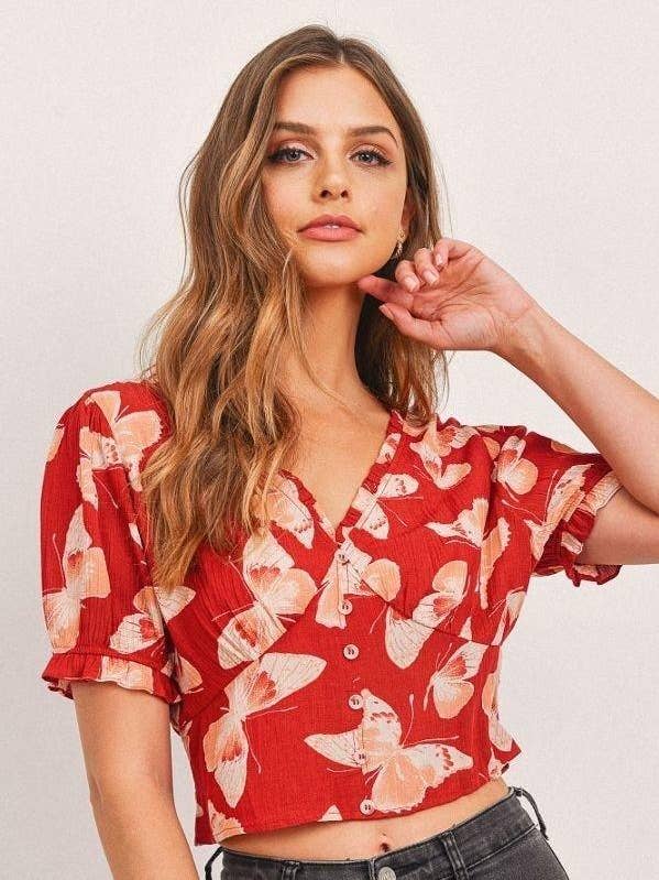 Butterfly Vneck Crop Smocked Back Waist for wholesale by Fashion Quality Boutik