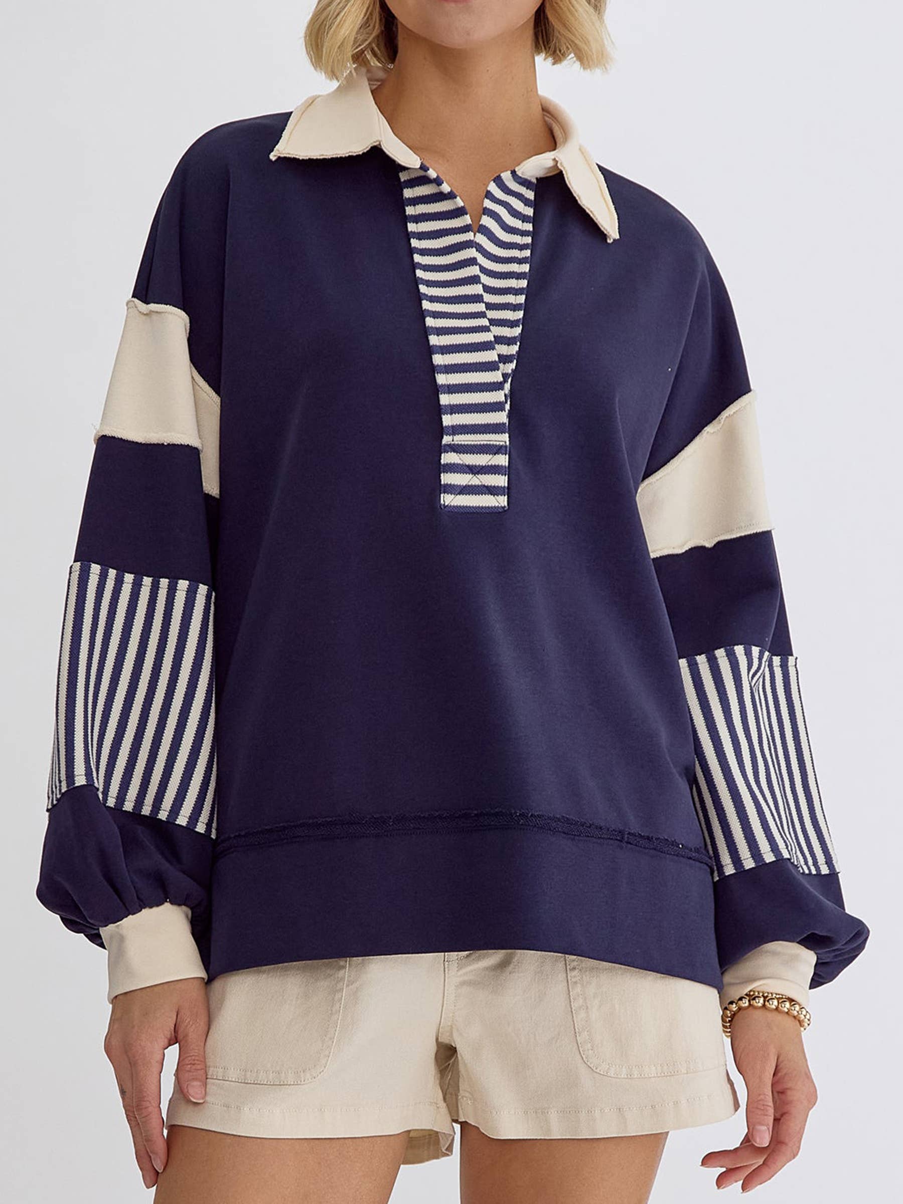 Wholesalesir - Wholesale Sweatshirt - Women's - Polo Collar Striped Contrasting Patchwork Top1