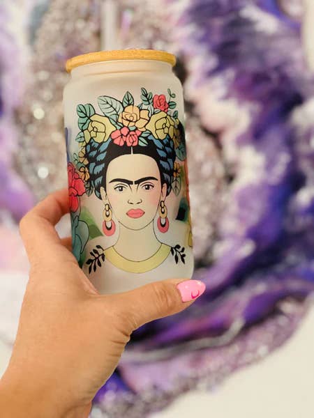 Frida Kahlo 16oz Glass Coffee Can for wholesale by Poured Not Stirred