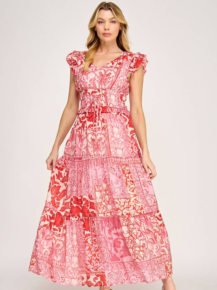 TD-10778-6 MULTI FLORAL CAP SLEEVE FLOWY DRESS-PINK MULTI for wholesale by Ellison