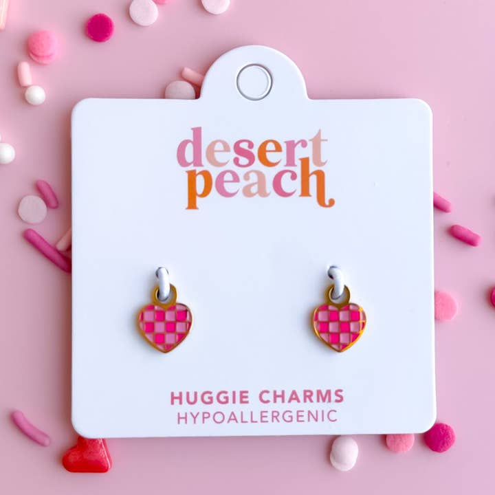 Pink Checkered Heart Huggie Charms for wholesale by Desert Peach