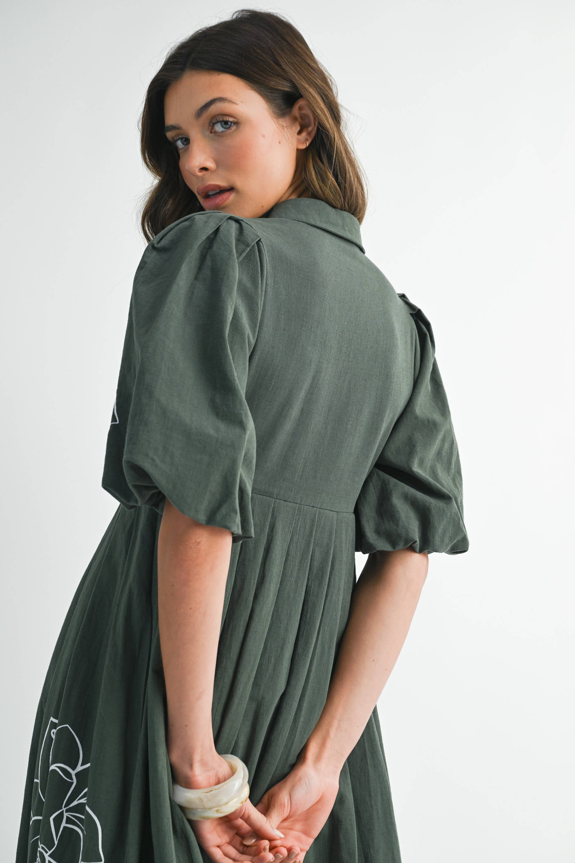 FOREST GREEN ND0085 Artisanal Embroidered Balloon Dress for wholesale on Faire6