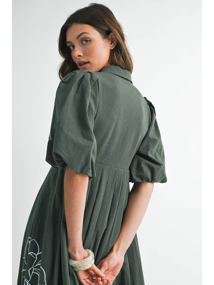 FOREST GREEN ND0085 Artisanal Embroidered Balloon Dress for wholesale on Faire6