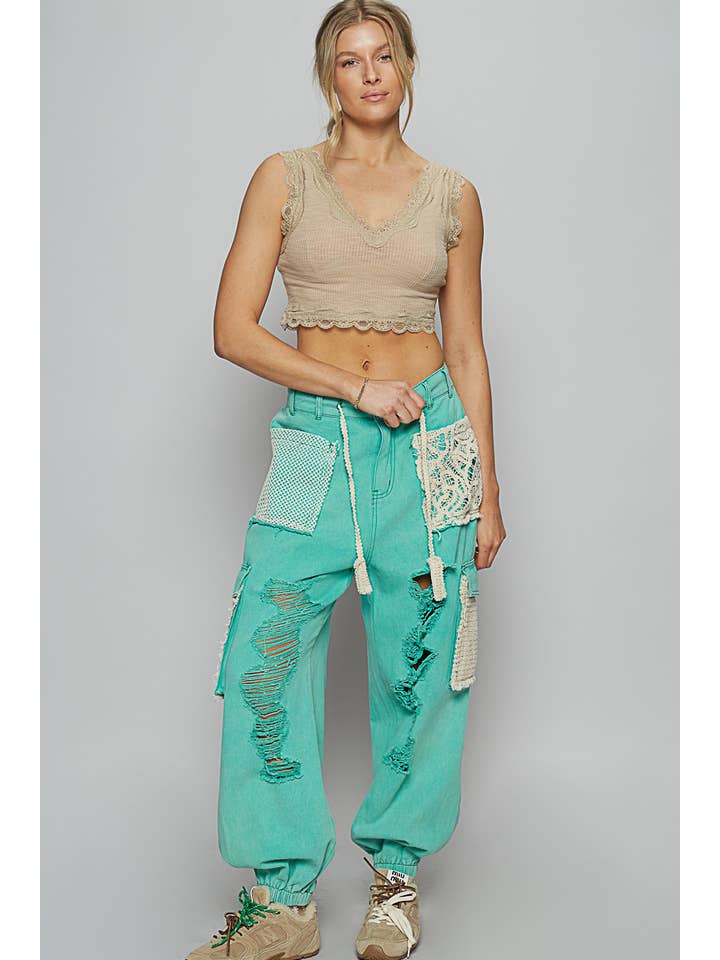 Pol Clothing - Wholesale Pants - Women's - Vintage Wash Crochet Patches Distress Jogger Pants SALE13