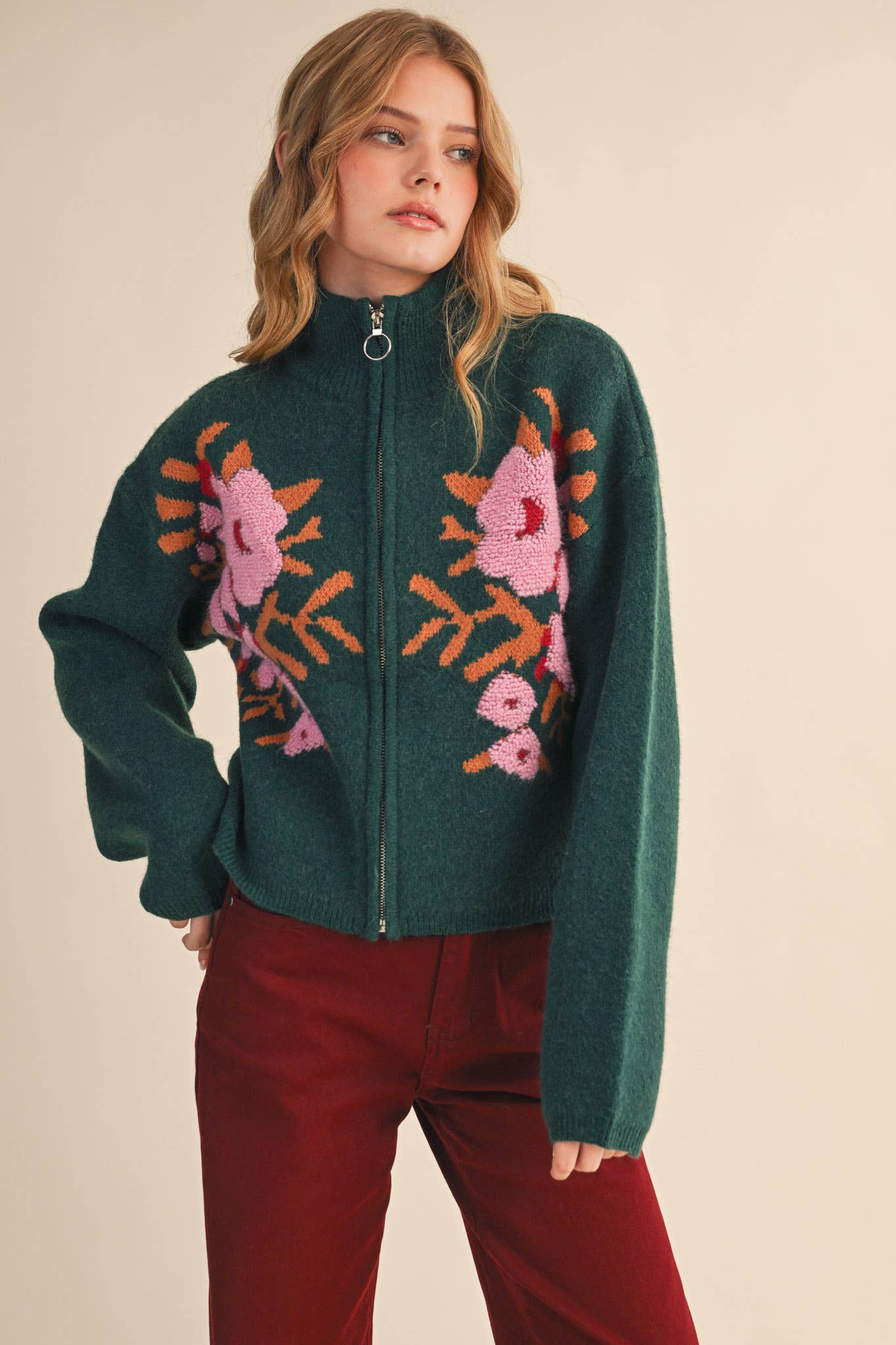 &MERCI - Wholesale Cardigan - Women's - FLORAL ZIP UP SWEATER CARDIGAN MSW1118853