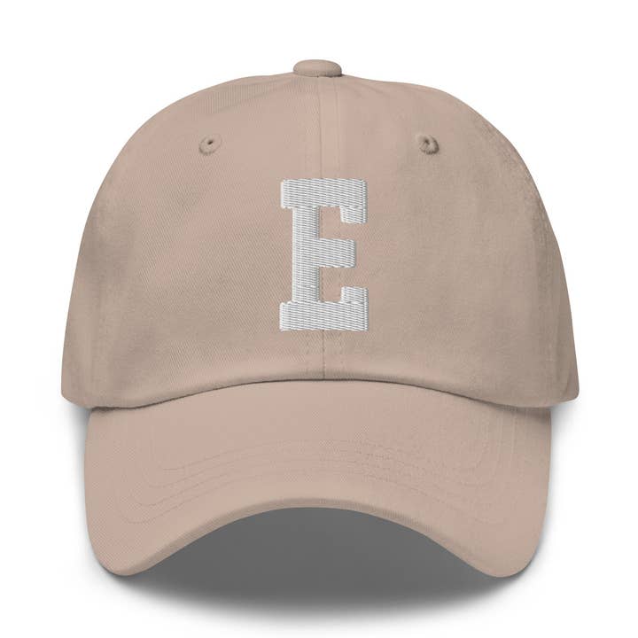 E Alphabet Varsity Letter Embroidered Dad Hat | White Thread for wholesale by CRE PYT