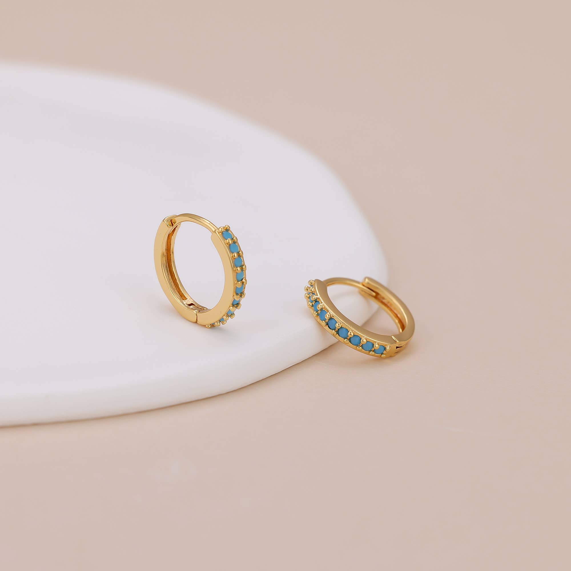 Melange Blanc - Wholesale Huggie Earrings - E138 Paved turquoise huggie hoop earrings, gold hoops3