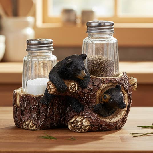 Black Bear Cub Friends Salt and Pepper Shaker Holder Set for wholesale by De Leon Collections