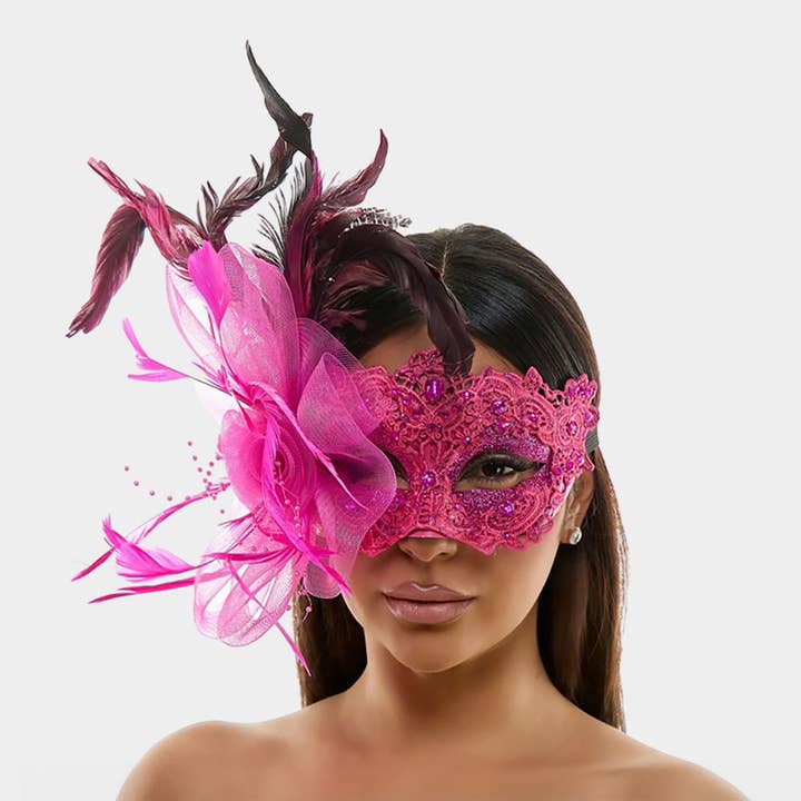 Feather Flower Embellishment Lace Masquerade Halloween Party Mask for wholesale by Sensibling Corp.