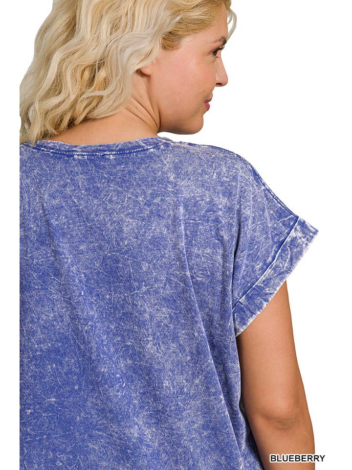 Vanilla Monkey - Wholesale Knit Top - Women's - Plus Crinkle Washed Round Neck Folded Short Sleeve Tee