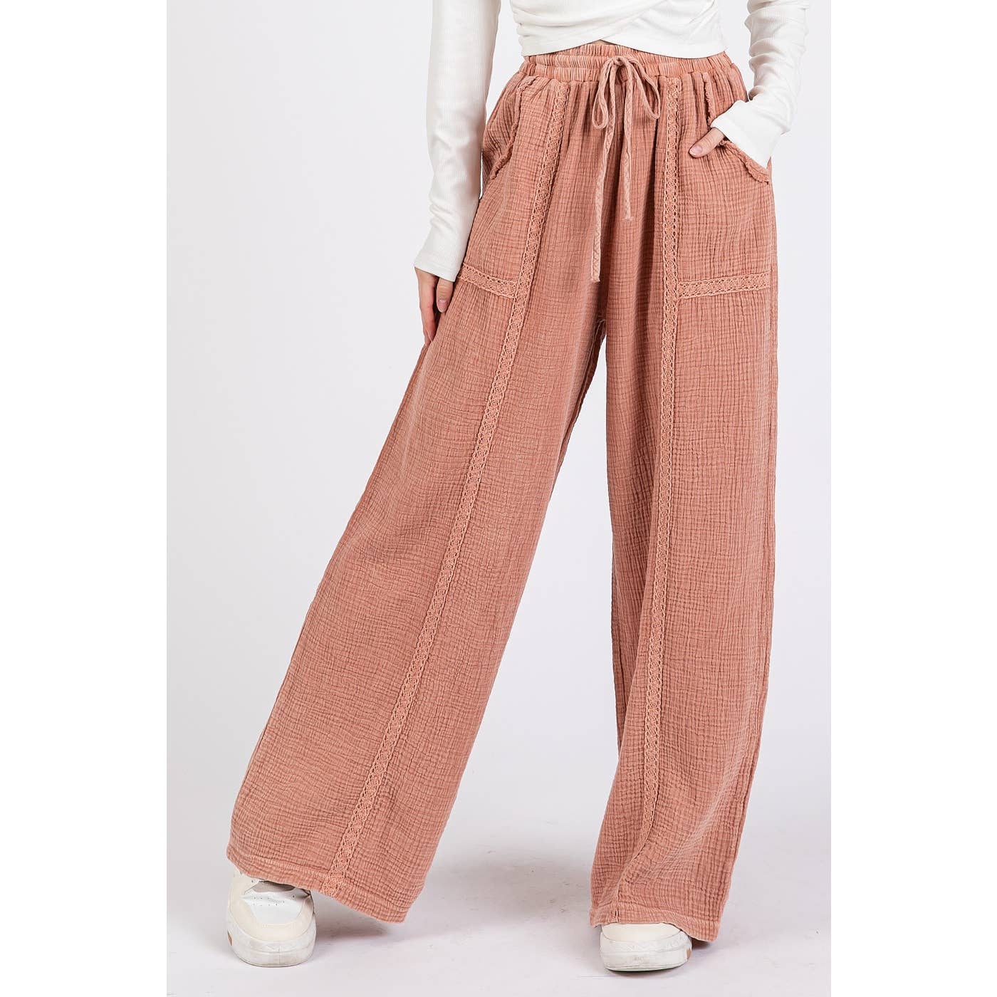 mittoshop - Wholesale Pants - Women's - LACE TRIM DETAIL ELASTIC WAIST COTTON GAUZE PANTS7