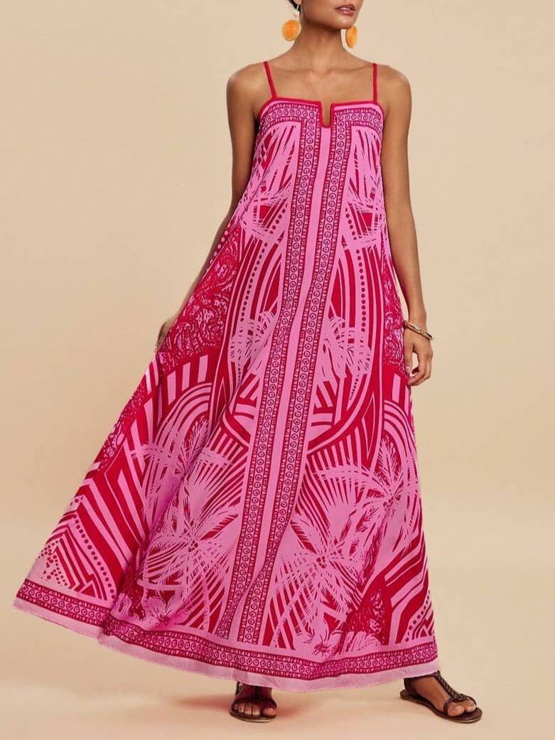 Tropical palm print swing maxi strappy dress in fuchsia for wholesale on Faire4