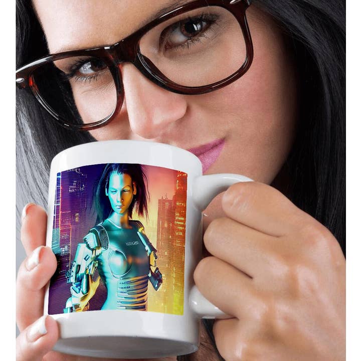 3dRose - Wholesale Coffee Mug - 3dRose, Fantastic brunette woman cyborg in a green suit. Night illumination, Mug9