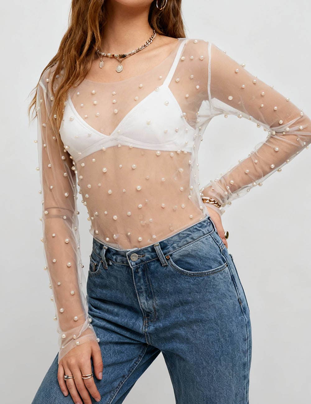 Sweetkama - Wholesale Blouse - Women's - Sparkle Pearl Studded Sheer Mesh See Through Top SKT210696