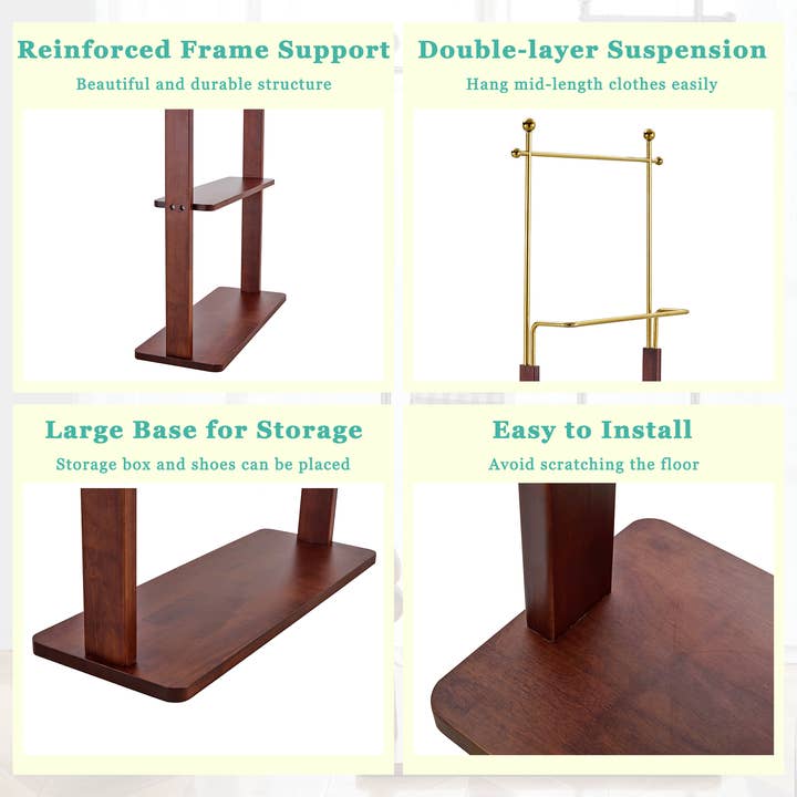 39F Inc. - Wholesale Coat Rack - Gold & Walnut Double-Layer Solid Wood Coat Rack Stand7