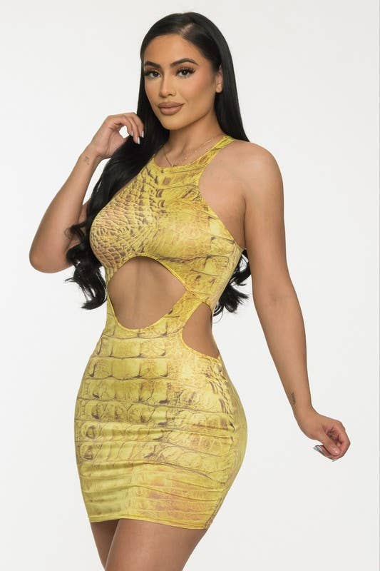 Moutarde Mini-robe à découpes latérales à imprimé serpent en vente sur Faire1