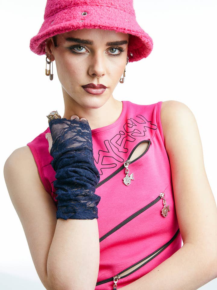 Top com zíper Retro Fúcsia por atacado de PunkyFish London