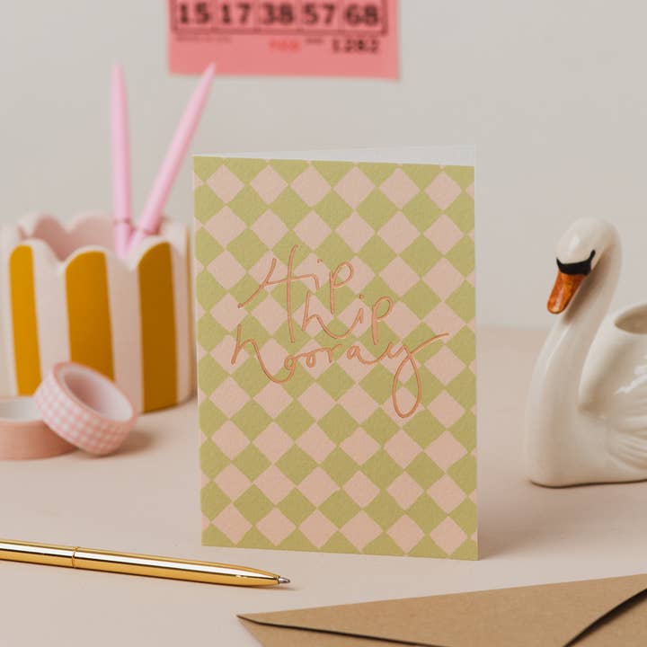 'Hip Hip Hooray' Checkerboard Foil Birthday Card for wholesale by Oh Squirrel