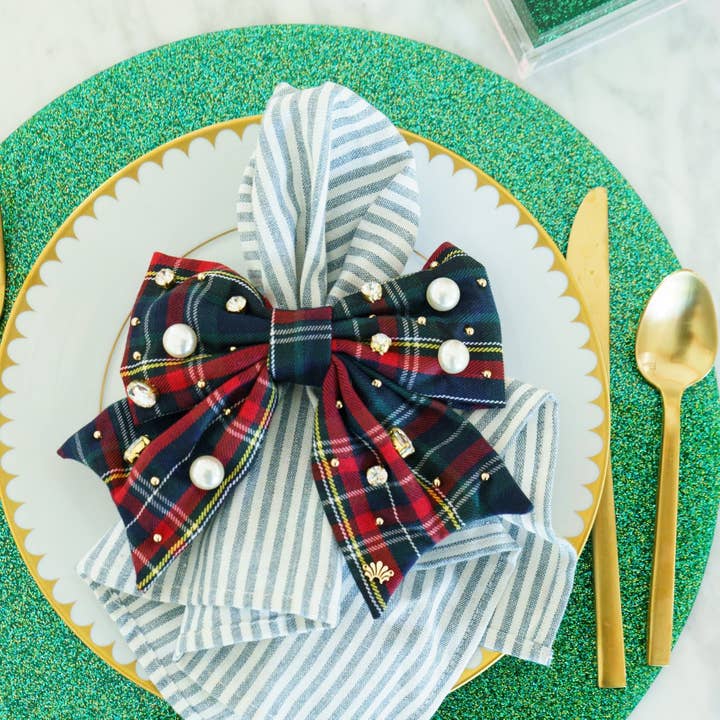 Lele Sadoughi - Wholesale Napkin ring - MIDNIGHT PLAID SET OF 4 EMBELLISHED PLAID BOW NAPKIN RINGS5