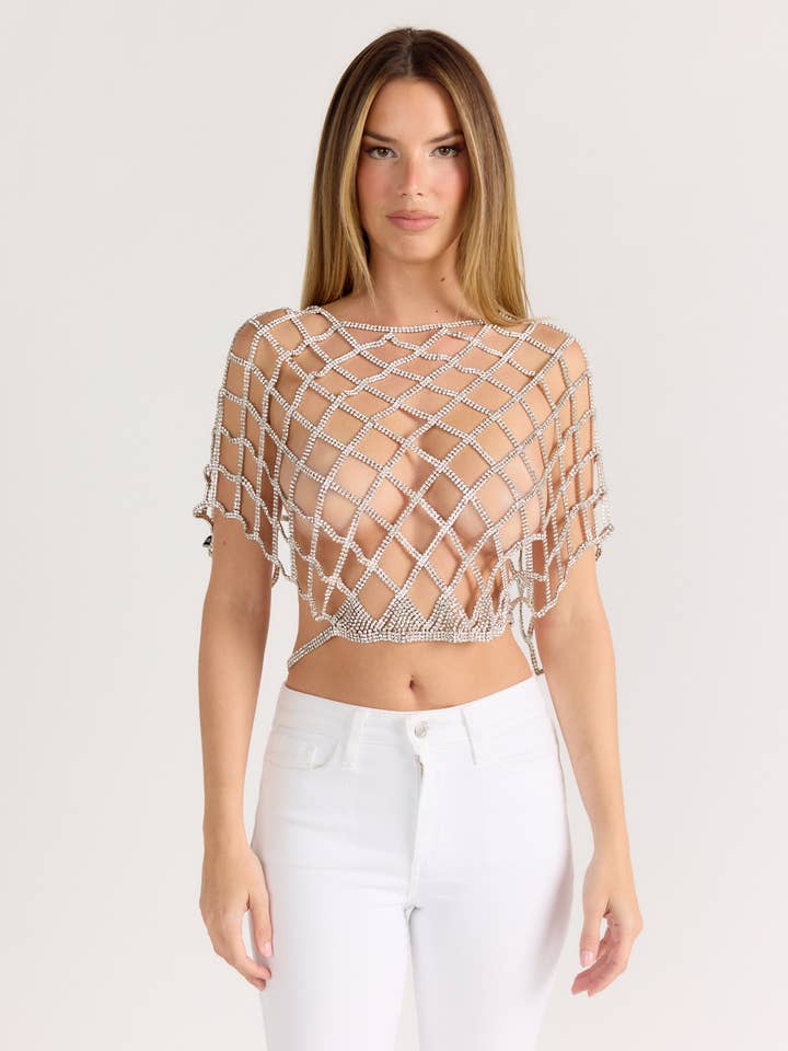 Top court en filet perlé et strass KAHALI pour la vente par Da Veamor