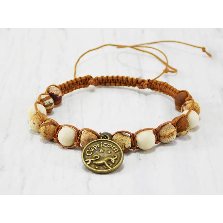 Ninolia - Venta al por mayor Pulseras de abalorios/colgantes - Pulsera Capricornio con dije de signo del zodíaco de cabra de 8 pulgadas de largo, piedra preciosa unakita macramé, regalos de cumpleaños de enero1