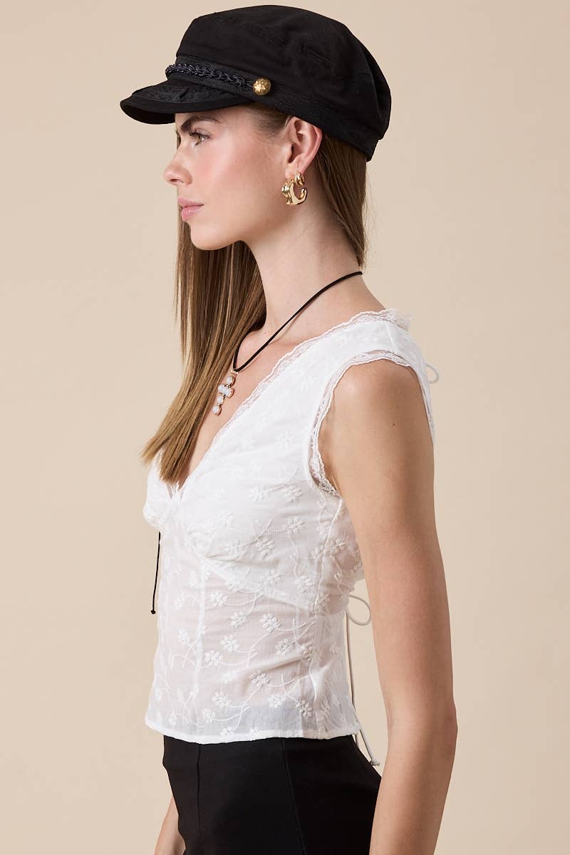 BACK DOUBLE TIES WHITE FLORAL EMBOSSED LACE TOP for wholesale on Faire2