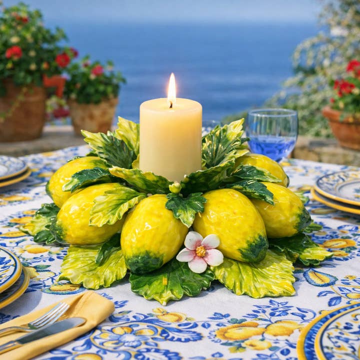 Italian Ceramic Lemon Candle Holder 35cm per la vendita all'ingrosso da parte di LUEM ART ceramiche e porcellane di Capodimonte Made In Italy