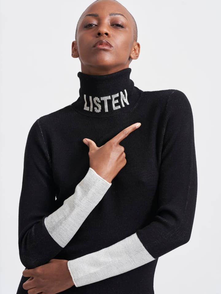 Suéter gola alta de malha com mangas longas preto e branco por atacado de WHISPR