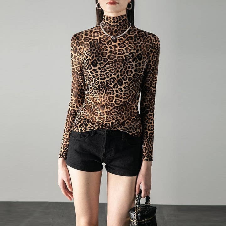 Sheer Leopard Print High Neck Thin Mesh Top for wholesale on Faire