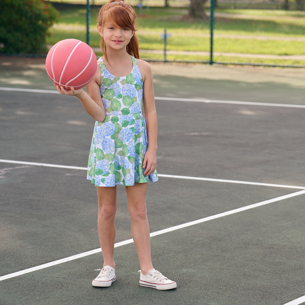Sugar Bee Clothing - Wholesale Athletic Dress - Kids - Mini Dallas  Halter Tennis Dress - Blue Hydrangeas3