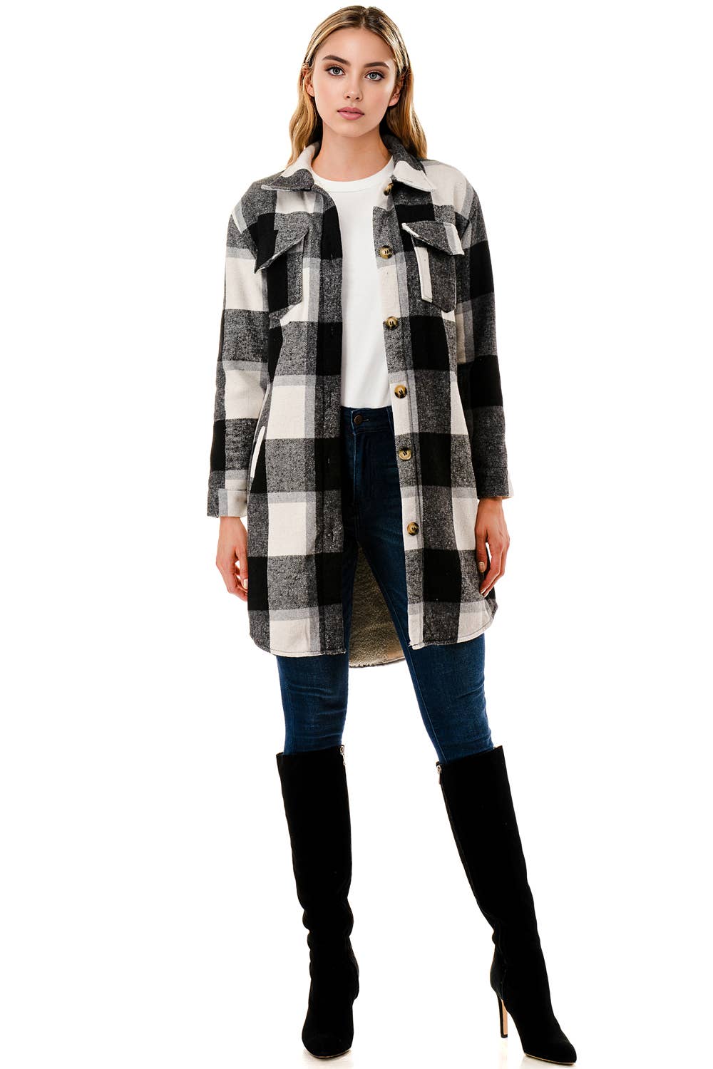 Color 5 - Wholesale Shirt Jacket/Shacket - Women's - Fur lined long fit flannel jacket shacket big checker plaid 1