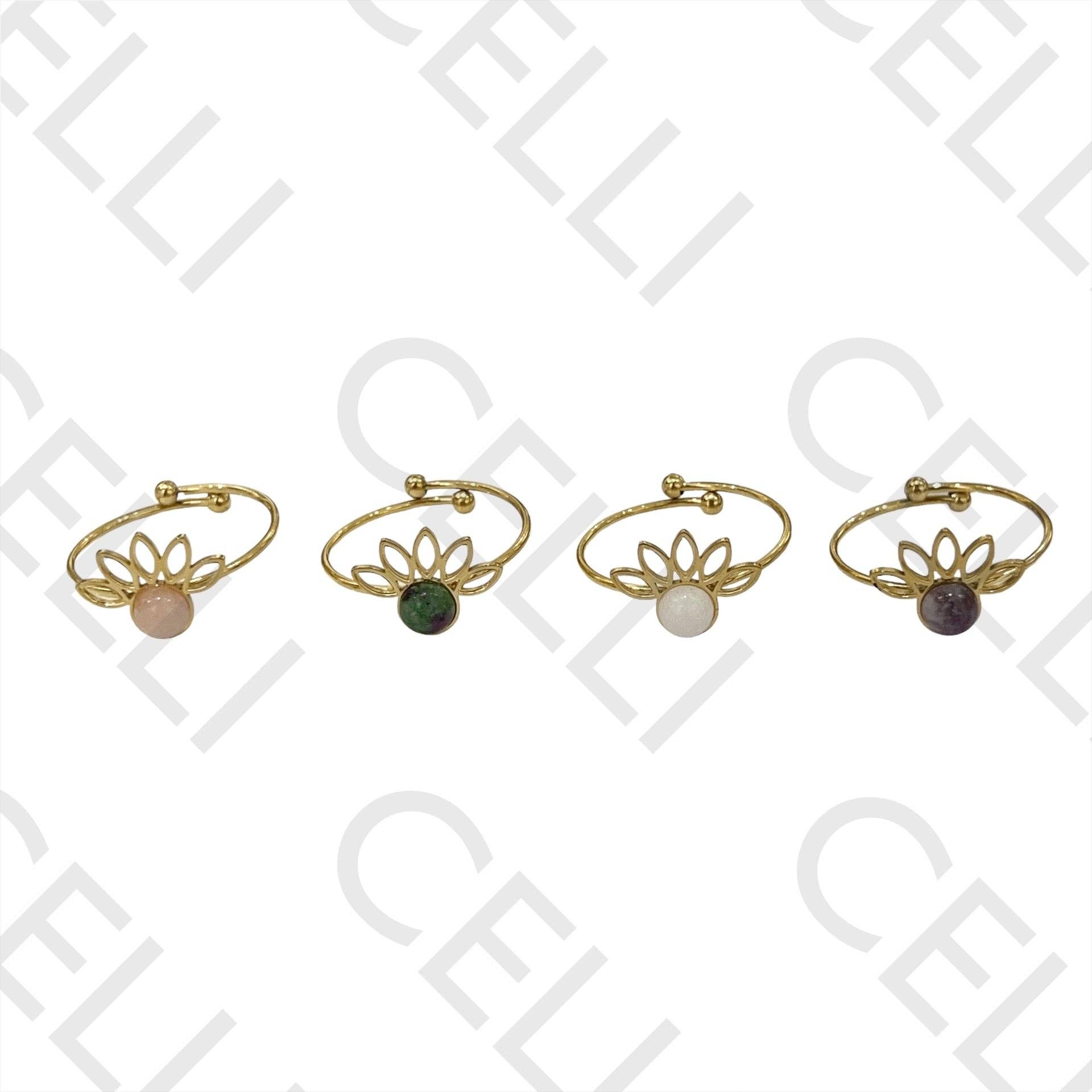 Celli Biju - Wholesale Band/Stacked Ring - Steel Ring - Lotus Flower with Natural Stone1