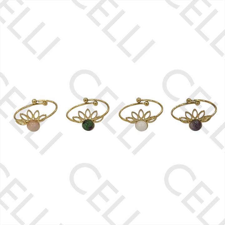 Celli Biju - Wholesale Band/Stacked Ring - Steel Ring - Lotus Flower with Natural Stone1