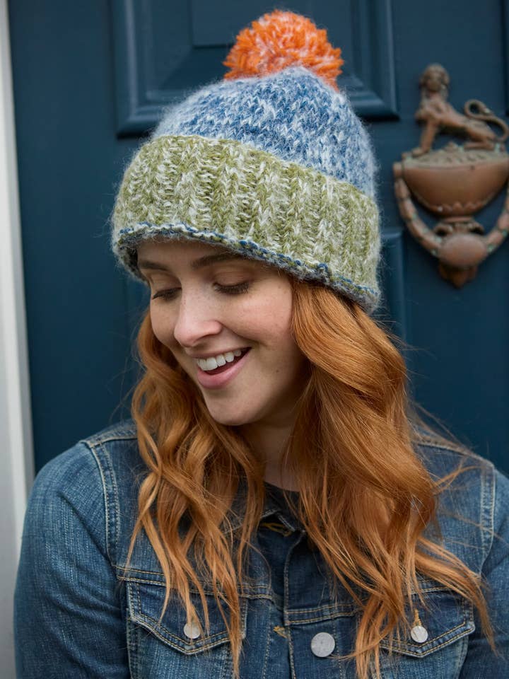 Berlin - Soft Mohair Wool Blue Green Knitted Bobble Beanie for wholesale by Pachamama Ltd