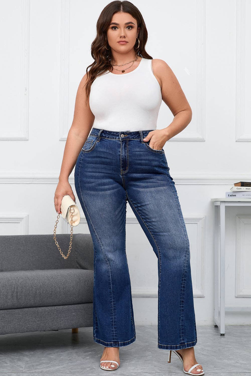 Aila Dark Blue Plus Size Stitching Flare Jeans for wholesale on Faire6